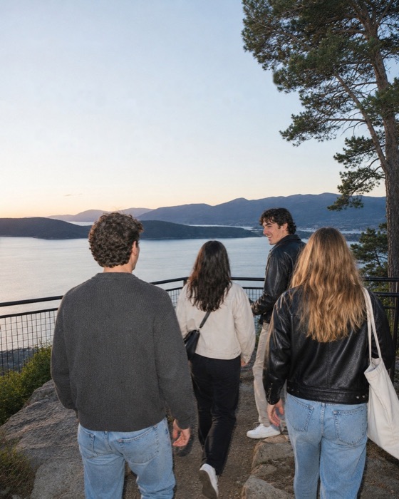 Four friends walking to a viewpoint over a lake at dusk