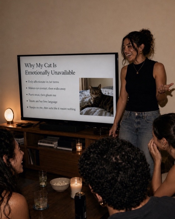 A friend giving a funny presentation about her cat at home